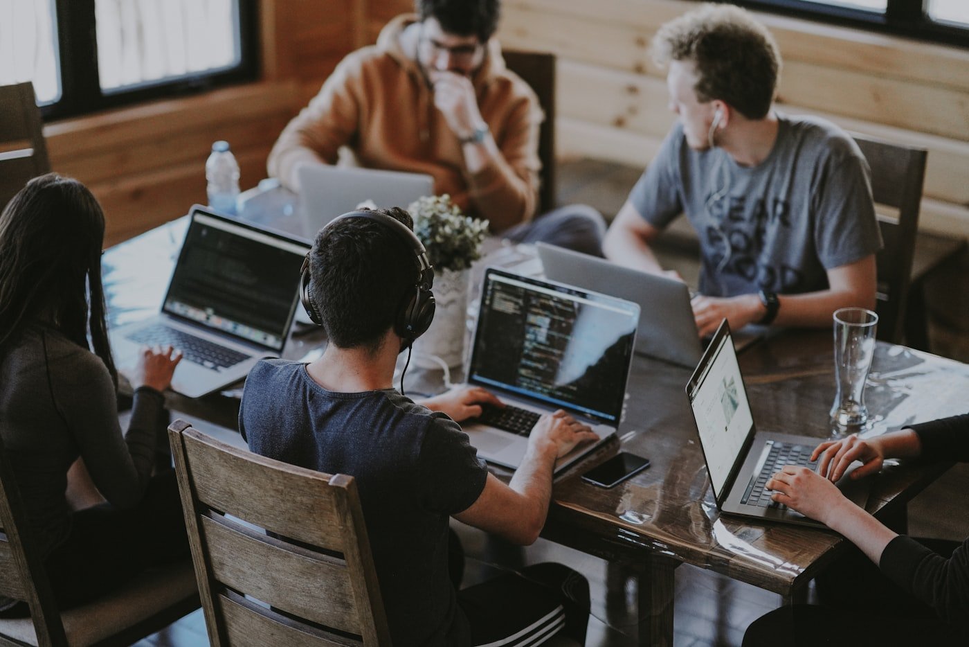 Software team collaborating in a modern office